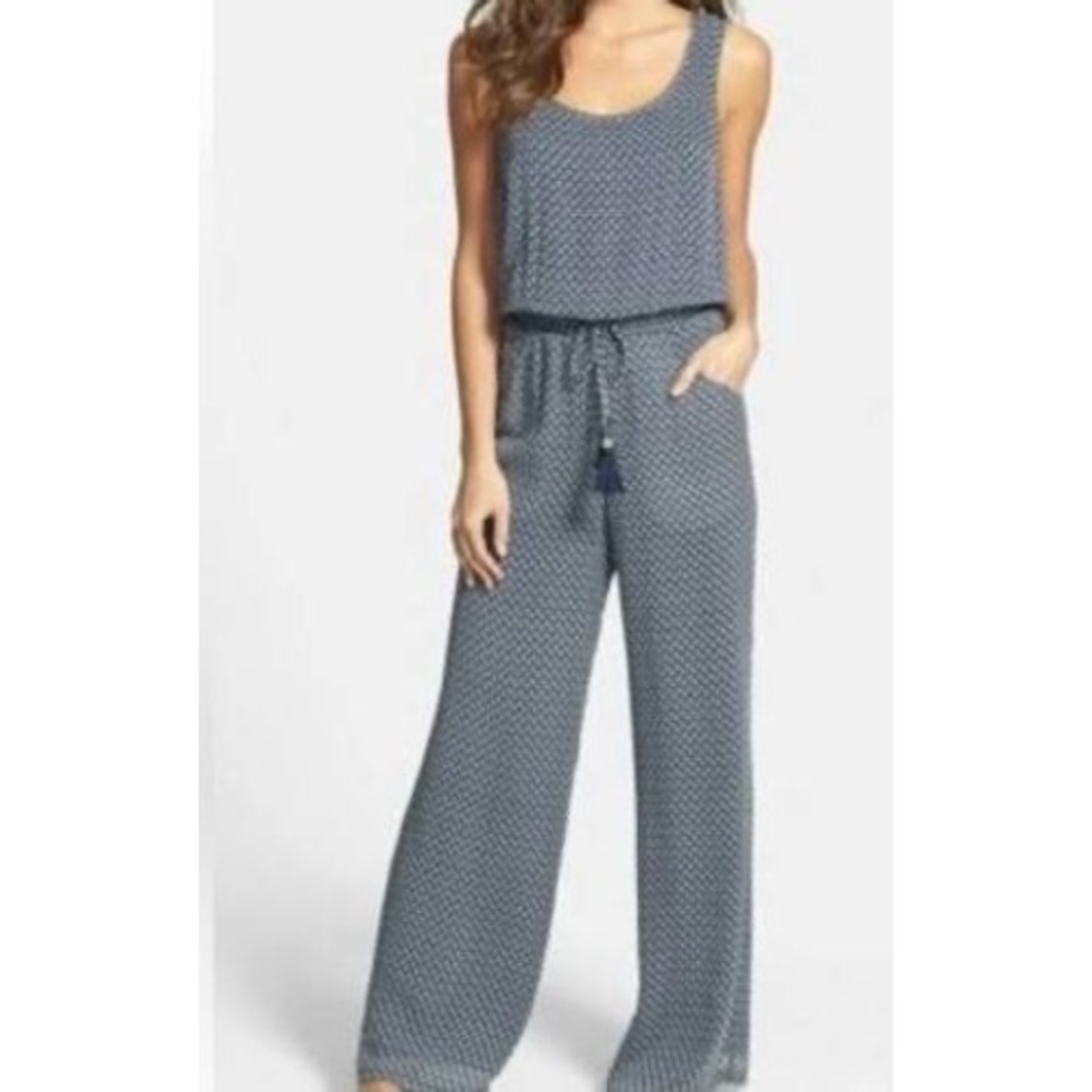 Tory Burch Navy Blue Portofino Printed Silk Jumpsuit, Gold Details, Tank Size XS